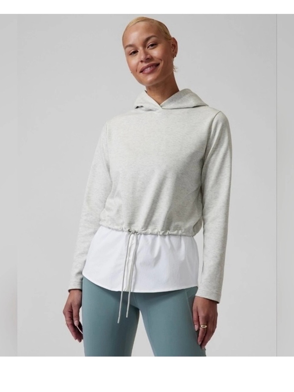 Athleta Gallery Hoodie Top Pullover Poplin Heathered Grey White Medium Mint